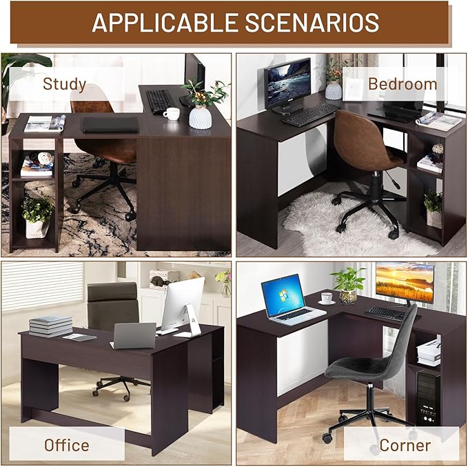 FurnitureR 47.2-Inch L-Shaped Computer Desk Home Office Study Writing Corner Gaming Table Retro Design Work Station Space-Saving for Study Room Bedroom, Brown - LeafyLoom