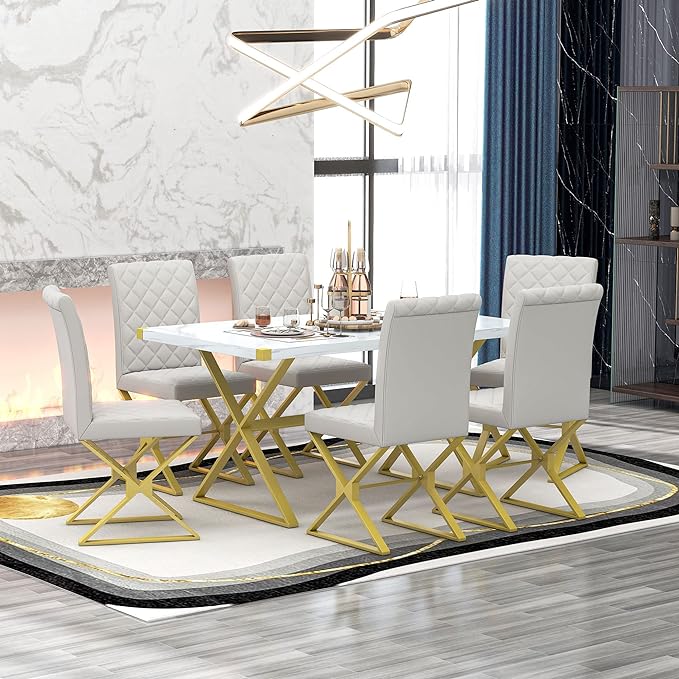 60 Inch Dining Table Set, 7-Piece Rectangular Marble Texture Kitchen Table and 6 PU leather Chairs with X-Shaped Gold Steel Pipe Legs, Dining Room Table Set for Living Room, White - LeafyLoom