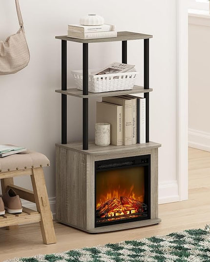 Furinno Turn-N-Tube 2-Tier Tall TV Entertainment Side Table Display Rack with Fireplace Insert, French Oak Grey/Black - LeafyLoom