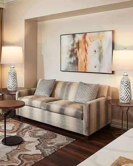 QiMH Modern Coastal Table Lamps for Bedroom Set of 2, Bedside Lamp with White Shade, Gray White Resin Nightstand Lamp for Living Room Home Lighting Decor,3-Color Temperature LED Bulbs Included - LeafyLoom