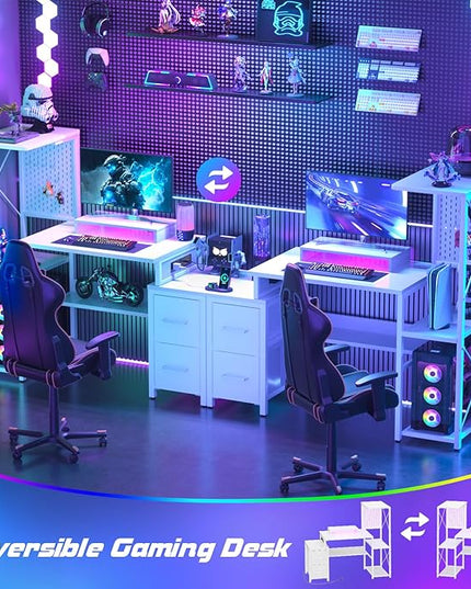 Small Gaming Desk with 2 Fabric Drawers - Reversible Computer Desk with Power Outlet & LED Lights, 49" Office Desk with Monitor Stand & Storage Shelves, Writing Study Table with Pegboard, White - LeafyLoom