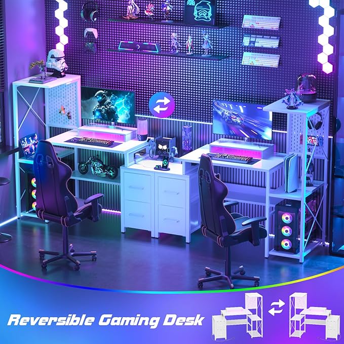 Small Gaming Desk with 2 Fabric Drawers - Reversible Computer Desk with Power Outlet & LED Lights, 49" Office Desk with Monitor Stand & Storage Shelves, Writing Study Table with Pegboard, White - LeafyLoom