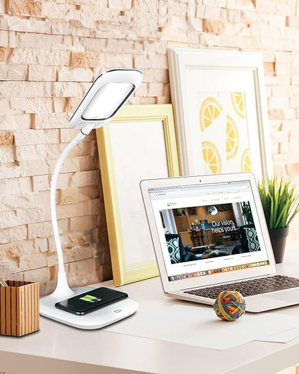 OttLite Prevention LED Desk Lamp with Wireless Charging - Designed to Reduce Eyestrain - Adjustable Flexible Neck, 3 Color Modes & Touch Controls - Crafting, Office Work, Reading & Studying - LeafyLoom