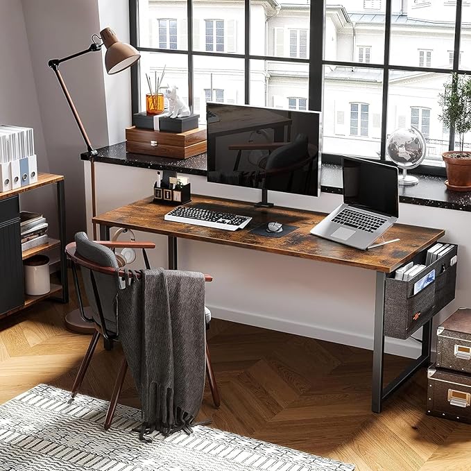 ODK Computer Desk Large Office Desk, 63 Inch Writing Desk with Storage, Modern PC Desk Work Table with Headphone Hook for Home Office, Spliced Tabletop, Rustic Brown - LeafyLoom