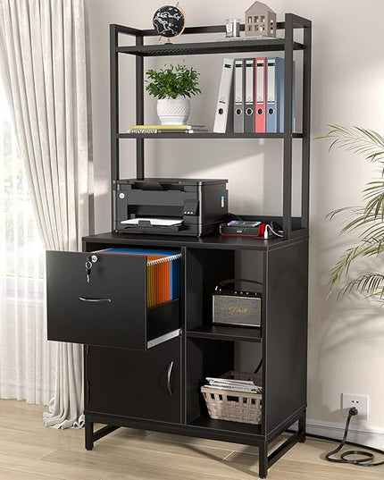 Homieasy Vertical Filing Cabinet with Lock & Charging Station, Large Drawer Wood File Cabinet with Bookshelf, Printer Stand with Open Storage Shelf, fits Letter Size for Home Office, Black - LeafyLoom