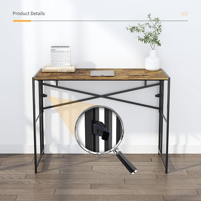 40 inch Folding Computer Desk, Writing Gaming Computer Camping Desk, No Assembly Required Home Office Table, Rustic Brown - LeafyLoom