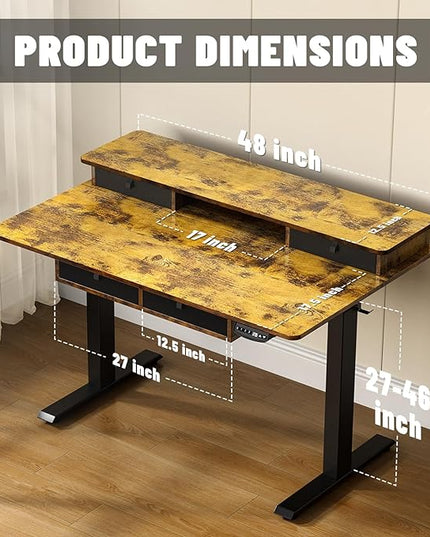 48 * 30 Inches Electric Standing Widened Desk Adjustable Height with 4 Drawers, Double Storage Shelves Stand Up Desk, Home Office Workstation Sit Stand up Desk (Rustic Brown) - LeafyLoom