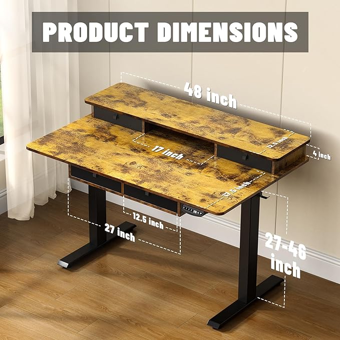 48 * 30 Inches Electric Standing Widened Desk Adjustable Height with 4 Drawers, Double Storage Shelves Stand Up Desk, Home Office Workstation Sit Stand up Desk (Rustic Brown) - LeafyLoom