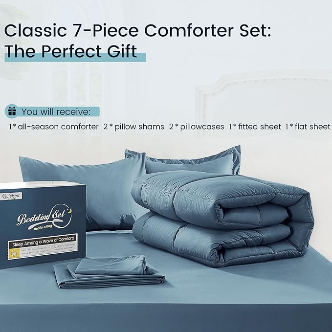 Full Size Bed in a Bag 7 Pieces Comforter Set Blue Bed Set with Comforter, Pillowcases, Flat Sheet, Fitted Sheet and Pillow Shams - LeafyLoom