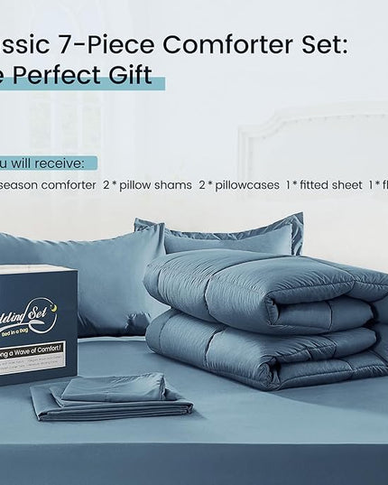 King Size Bed in a Bag 7 Pieces Comforter Set King, Wood Grain Texture Bedding Comforter Set Blue Bed Set with Comforter, Pillowcases, Flat Sheet, Fitted Sheet and Pillow Shams - LeafyLoom