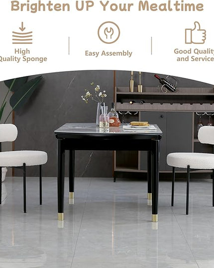 White Dining Chairs Set of 4 Round Upholstered Boucle Dining Room Chairs Mid-Century Modern Kitchen Chairs Curved Backrest Chairs for Dining Room Black Metal Legs - LeafyLoom