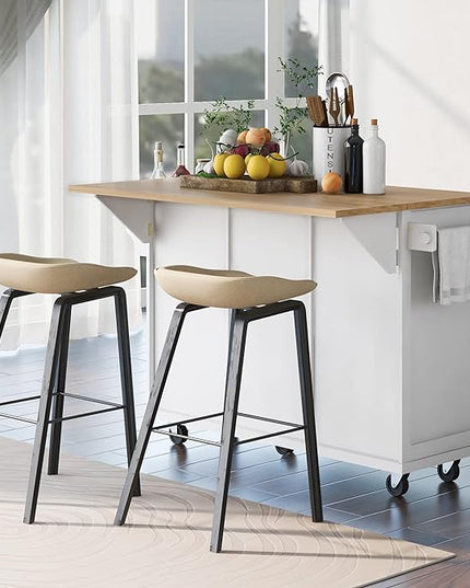 Kitchen Island with Storage on Wheels,Rolling Kitchen Island Cart w/Drop Leaf Countertop,Portable Rolling Cart with 3 Drawers&Tower Rack for Kitchen Dinning Room - LeafyLoom
