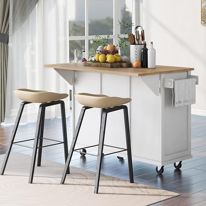 Kitchen Island with Storage on Wheels,Rolling Kitchen Island Cart w/Drop Leaf Countertop,Portable Rolling Cart with 3 Drawers&Tower Rack for Kitchen Dinning Room - LeafyLoom