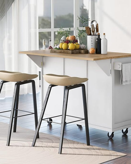 Kitchen Cart with Rubber Wood Drop-Leaf Countertop, Kitchen Island On 5 Wheels with Storage Cabinet, 3 Drawers and Internal Storage Racks, Rolling Mobile Portable Serving Carts (Ivory) - LeafyLoom