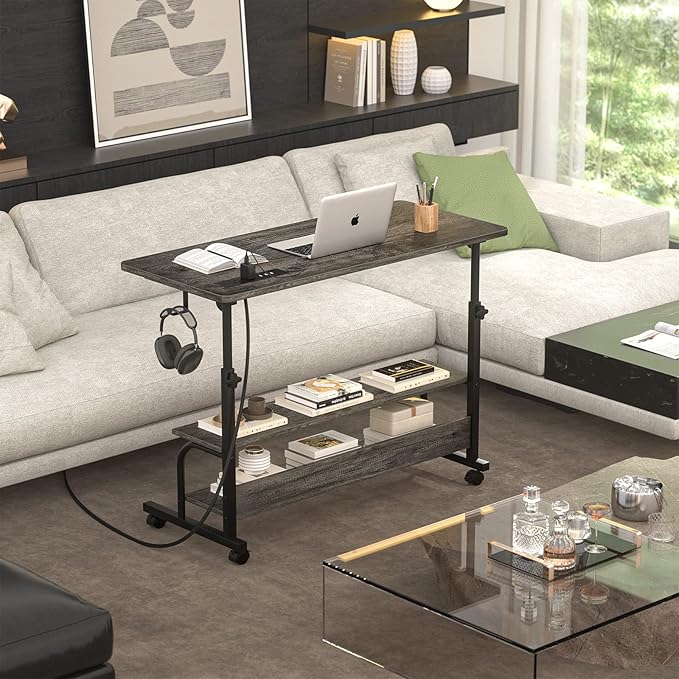 Height Adjustable Standing Desk with Power Outlets, 32" Manual Stand Up Desk with Storage Shelves Small Mobile Rolling Computer Desk Portable Laptop Table with Wheels for Home Office, Grey Oak - LeafyLoom