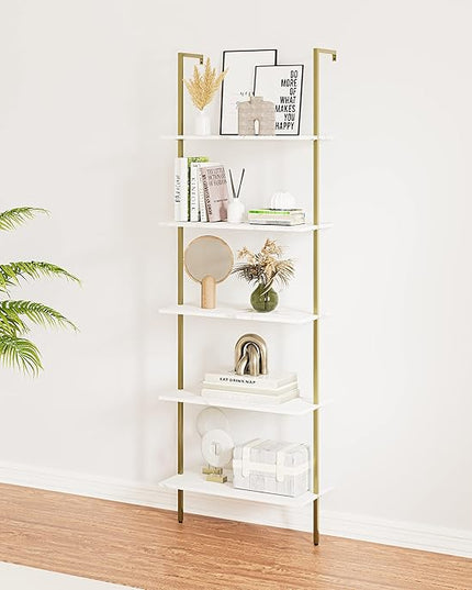 5 Tiers Ladder 2-Piece Shelf White Marble Modern Bookshelf Open Tall Wall Mount Bookcase Standing Leaning Wall Shelves Industrial Decorative - LeafyLoom
