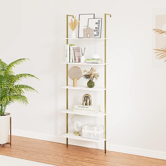 5 Tiers Ladder 2-Piece Shelf White Marble Modern Bookshelf Open Tall Wall Mount Bookcase Standing Leaning Wall Shelves Industrial Decorative - LeafyLoom