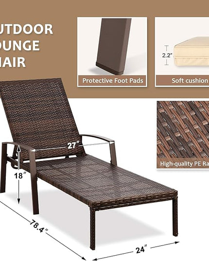 Pamapic 8512 Pieces, Chaise Thickened Cushion, PE Rattan Steel Frame Pool Lounge Chair Set for Patio Backyard Porch Garden Poolside, 2 PCS, Beige - LeafyLoom
