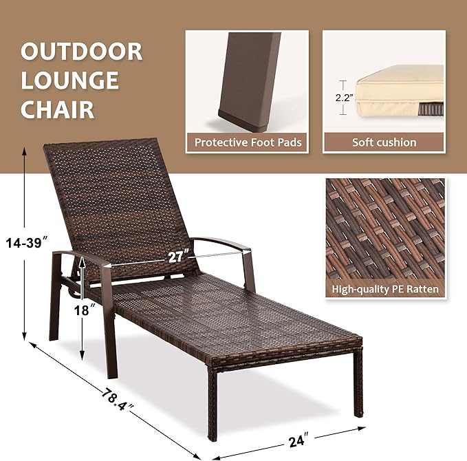 Pamapic 8512 Pieces, Chaise Thickened Cushion, PE Rattan Steel Frame Pool Lounge Chair Set for Patio Backyard Porch Garden Poolside, 2 PCS, Beige - LeafyLoom
