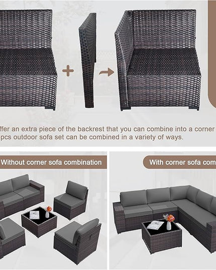 Patio Furniture Set Sofa 6-Piece Wicker PE Rattan Sectional Sofa Set, Outdoor Furniture Patio Conversation Set with Glass Coffee Table, Grey - LeafyLoom