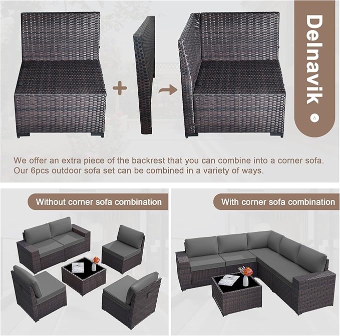 Patio Furniture Set Sofa 6-Piece Wicker PE Rattan Sectional Sofa Set, Outdoor Furniture Patio Conversation Set with Glass Coffee Table, Grey - LeafyLoom