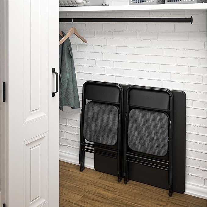 COSCO Premium 5-Piece Dining Set, with 34" Vinyl Top Card Table and 4 Fabric Padded Seat & Back Folding Chairs, Black - LeafyLoom