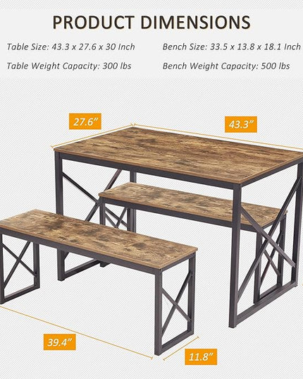 VECELO Kitchen Table with 2 Benches for 4, 43.3'' Wood Dining Room Dinette Sets with X Metal Frame for Breakfast Nook and Small Space, Brown - LeafyLoom