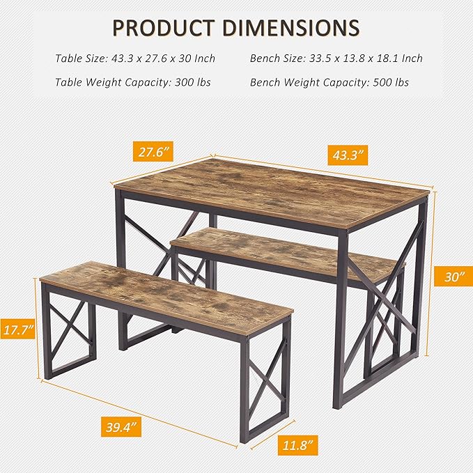 VECELO Kitchen Table with 2 Benches for 4, 43.3'' Wood Dining Room Dinette Sets with X Metal Frame for Breakfast Nook and Small Space, Brown - LeafyLoom