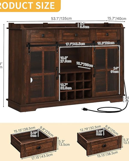 DWVO Farmhouse Coffee Bar Cabinet with Sliding Door and Drawers, 53" Kitchen Sideboard Buffet Cabinet, Home Bar Cabinet with Wine Rack for Kitchen Living Room, 3 Drawers Storage Cabinet, Brown Oak - LeafyLoom
