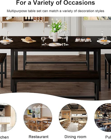 Feonase 5-Piece Dining Table Set for 4-8 People, 63" Extendable Kitchen Table Set with 2 Benches and 2 Square Stools, Dining Room Table with MDF Wood Board, Easy Clean, Espresso - LeafyLoom