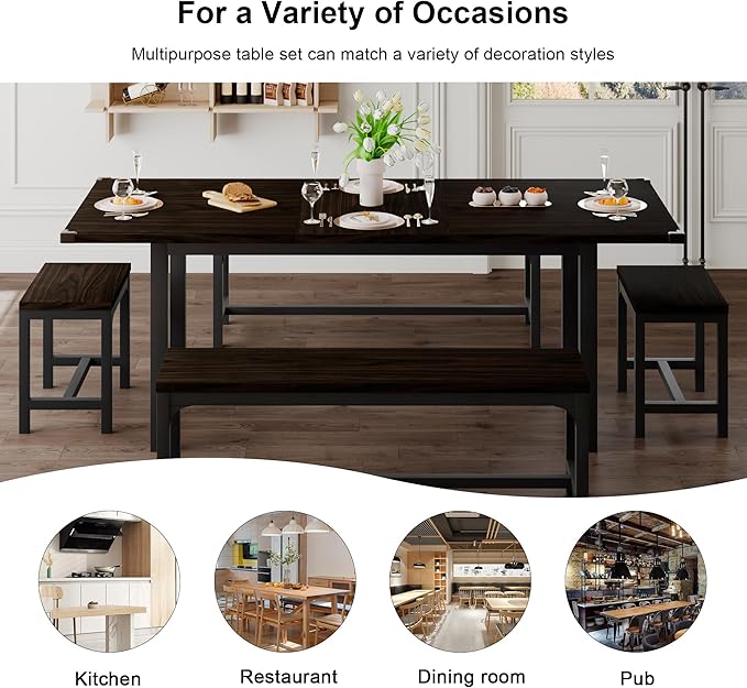 Feonase 5-Piece Dining Table Set for 4-8 People, 63" Extendable Kitchen Table Set with 2 Benches and 2 Square Stools, Dining Room Table with MDF Wood Board, Easy Clean, Espresso - LeafyLoom
