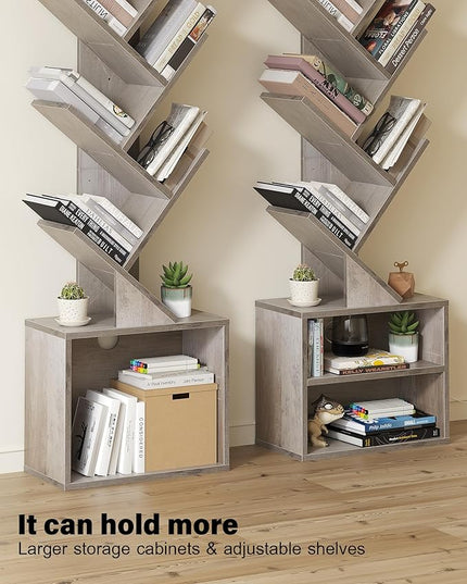 SUNMORY 6 Tier Tree Bookshelf, Tall Bookcase with Storage Cabinet, Modern Narrow Bookshelves Organizer, Floor Standing Book Shelf for Bedroom/Living Room/Home Office/Corner, Grey - LeafyLoom