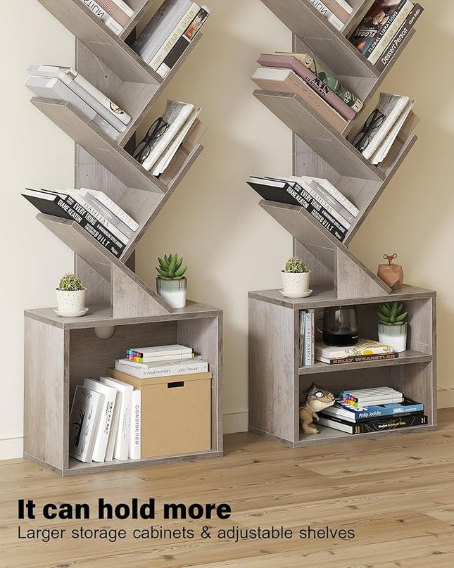 SUNMORY 6 Tier Tree Bookshelf, Tall Bookcase with Storage Cabinet, Modern Narrow Bookshelves Organizer, Floor Standing Book Shelf for Bedroom/Living Room/Home Office/Corner, Grey - LeafyLoom