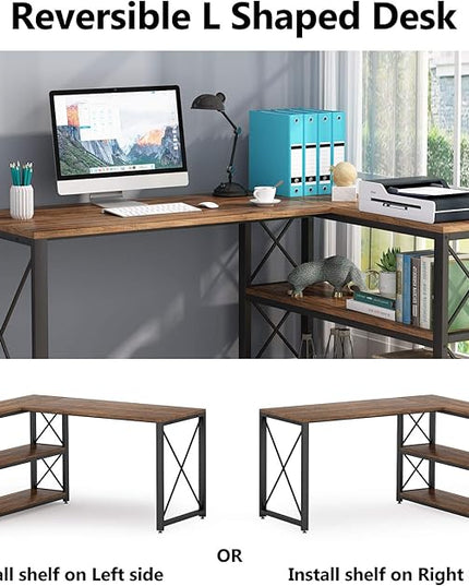 Tribesigns Reversible Industrial L-Shaped Desk with Storage Shelves, Corner Computer Desk PC Laptop Study Table Workstation for Home Office Small Space (Brown, 53") - LeafyLoom