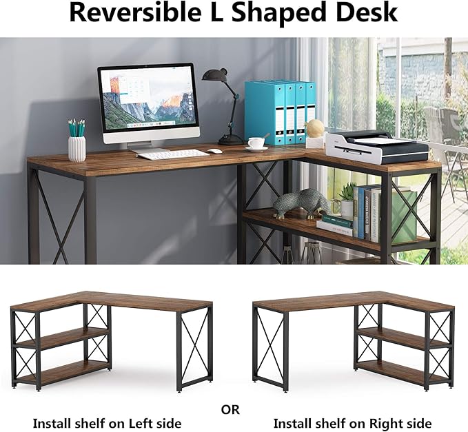 Tribesigns Reversible Industrial L-Shaped Desk with Storage Shelves, Corner Computer Desk PC Laptop Study Table Workstation for Home Office Small Space (Brown, 53") - LeafyLoom