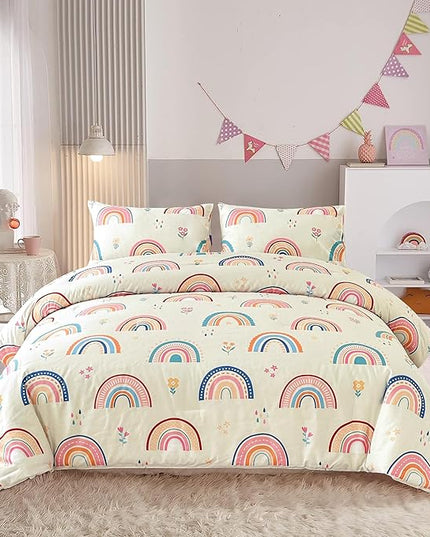Btargot Lightweight Soft 3 Piece Rainbow Comforter Set with 2 Pillow Covers, Cartoon Love Hearts Flowers and Grass Bedding Set for Girls Boys Kids, Full Multi-Color - LeafyLoom