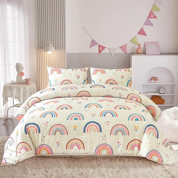 Btargot Lightweight Soft 3 Piece Rainbow Comforter Set with 2 Pillow Covers, Cartoon Love Hearts Flowers and Grass Bedding Set for Girls Boys Kids, Full Multi-Color - LeafyLoom