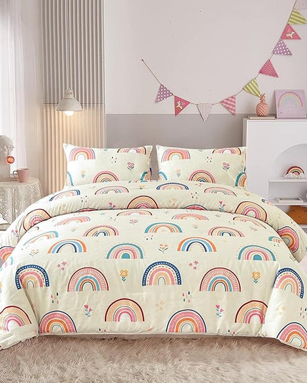 Btargot Lightweight Soft 3 Piece Rainbow Comforter Set with 2 Pillow Covers, Cartoon Love Hearts Flowers and Grass Bedding Set for Girls Boys Kids, Twin Multi-Color - LeafyLoom