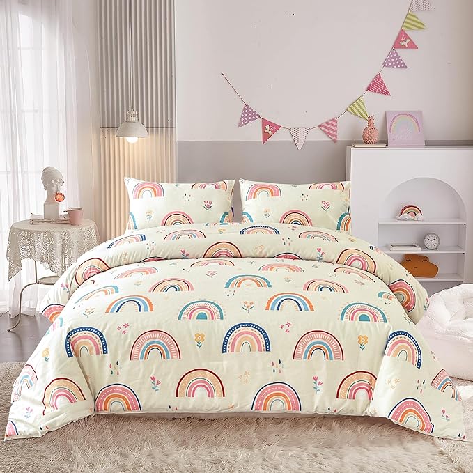 Btargot Lightweight Soft 3 Piece Rainbow Comforter Set with 2 Pillow Covers, Cartoon Love Hearts Flowers and Grass Bedding Set for Girls Boys Kids, Twin Multi-Color - LeafyLoom