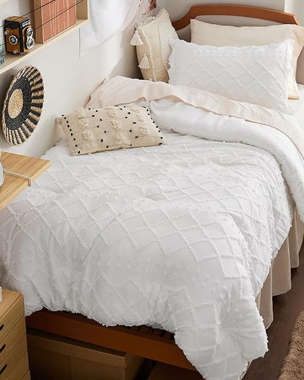 Bedsure Twin/Twin XL Comforter Set - White Boho Twin Extra Long Comforter Set for College, Shabby Chic Dorm Bedding Set, 2 Pieces Modern Farmhouse Bed Set, includes 1 Pillow Sham - LeafyLoom
