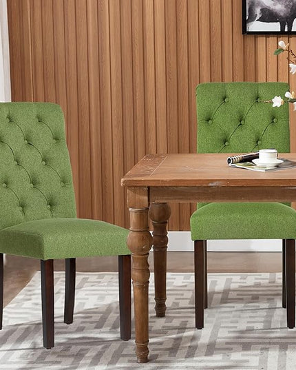 COLAMY Button Tufted Dining Chairs Set of 6, Parsons Upholstered Fabric Dining Room Chairs Kitchen Chairs with Wood Legs and Padded Seat, Green - LeafyLoom