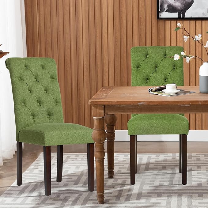COLAMY Button Tufted Dining Chairs Set of 6, Parsons Upholstered Fabric Dining Room Chairs Kitchen Chairs with Wood Legs and Padded Seat, Green - LeafyLoom