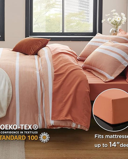 Bedsure Twin XL Comforter Set, Extra Long 5 Pieces Burnt Orange Twin XL Bedding Sets, All Season Dorm Room Essentials with 1 Pillow Sham, Flat Sheet, Fitted Sheet and 1 Pillowcase - LeafyLoom