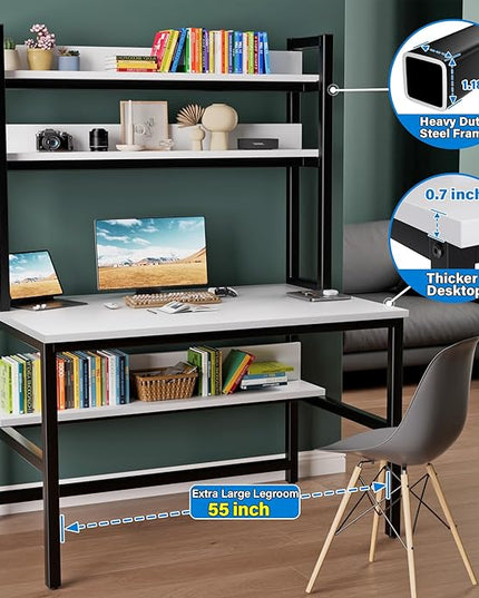 Aquzee Computer Desk, Easy Assembly Gaming Table with Hutch and Shelves, 4 Tiers Desk with Large Wood Desktop, Metal Legs, Ideal for Storage Study Work Writing Homework, White, 55Wx65Hx23.6D Inches - LeafyLoom