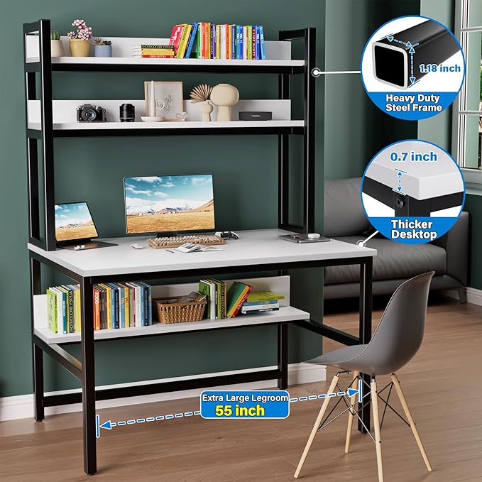 Aquzee Computer Desk, Easy Assembly Gaming Table with Hutch and Shelves, 4 Tiers Desk with Large Wood Desktop, Metal Legs, Ideal for Storage Study Work Writing Homework, White, 55Wx65Hx23.6D Inches - LeafyLoom