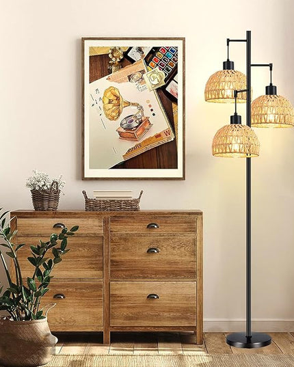 Tree 3-Lights Floor Lamp for Living Room,Bedroom,Rattan Boho Floor Lights,Industrial Black Farmhouse Standing Lamp Wicker Rustic Adjustable Tall Lamp,Woven Bamboo LampShade Floor Lamps Bohemian - LeafyLoom