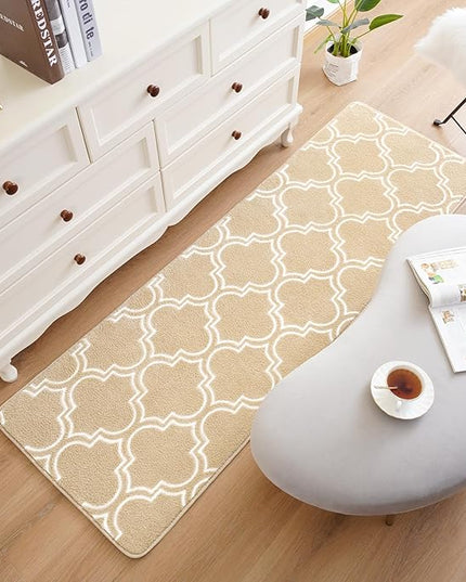 Chicrug Shag Geometric 2x6 Runner Rug for Bedroom, Modern Memory Foam Indoor Hallway Runner Carpet, Fluffy Rug for Living Room Bedside Room Decor for Family, Beige/White - LeafyLoom
