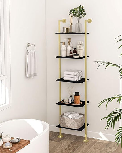 Axeman 5-Tier Ladder Bookcase, Tall Narrow Bookshelf for Small Spaces, Modern Book Storage Organizer Case Open Shelves for Bedroom, Living Room, Office, Library, Gold Metal Frame and Blakc Shelf - LeafyLoom