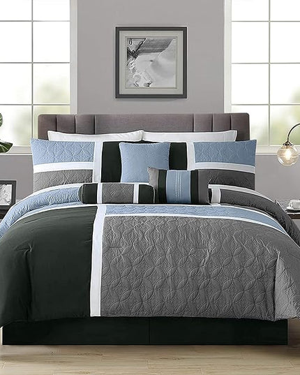 Chezmoi Collection Upland 7-Piece Quilted Patchwork Comforter Set, Gray/Light Blue/Charcoal, California King - LeafyLoom
