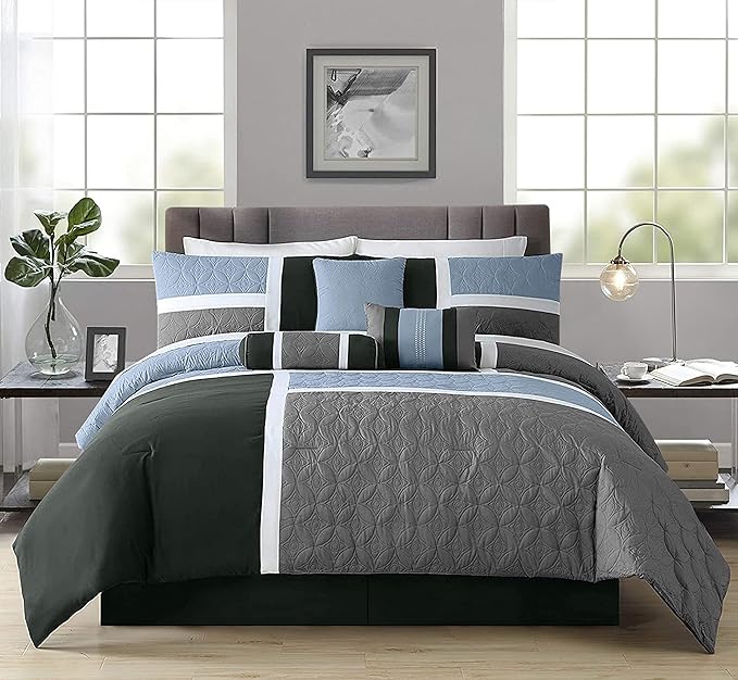 Chezmoi Collection Upland 7-Piece Quilted Patchwork Comforter Set, Gray/Light Blue/Charcoal, California King - LeafyLoom